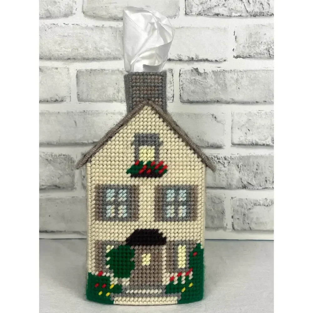 Vintage Needlepoint Tissue Box Cover House Cottage Plastic Canvas Handmade Craft